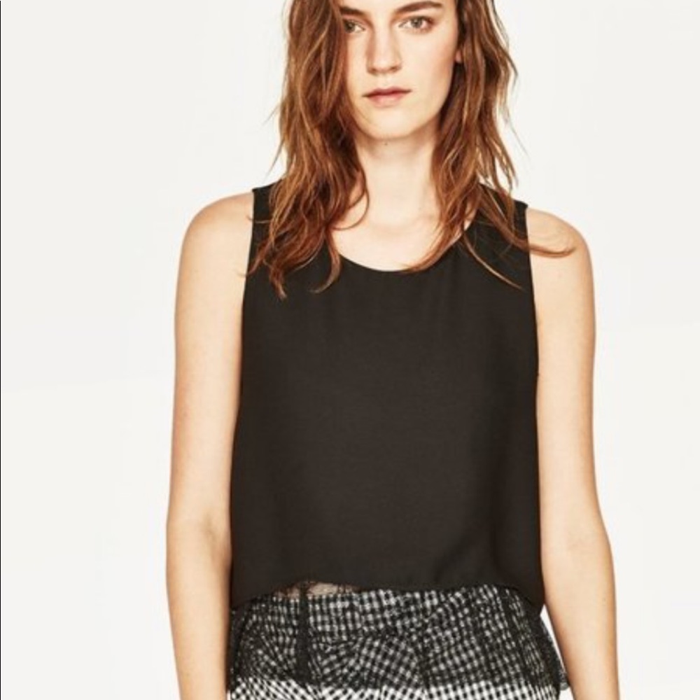 ZARA Basic Collection Lace Hem Boxy Black Tank